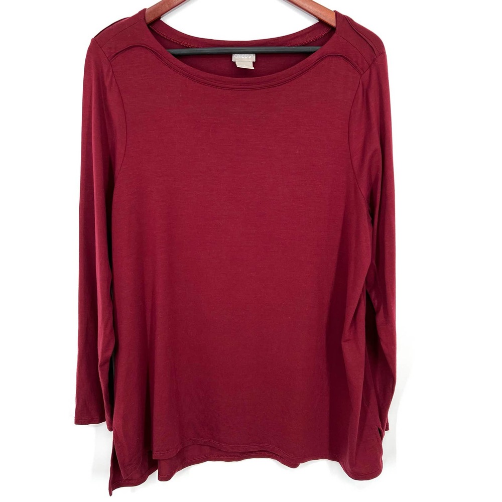 Chicos Size 2 LARGE Soft Red Stretchy Long Sleeve Blouse Shirt Top Christmas